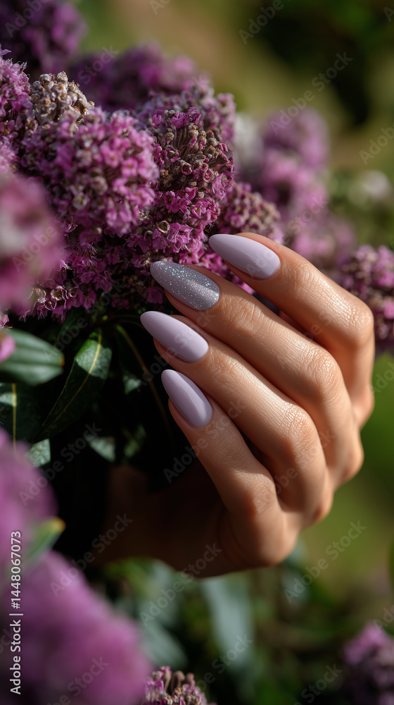 Fototapeta premium Elegant nails complement vibrant purple flowers in a serene garden setting during golden hour