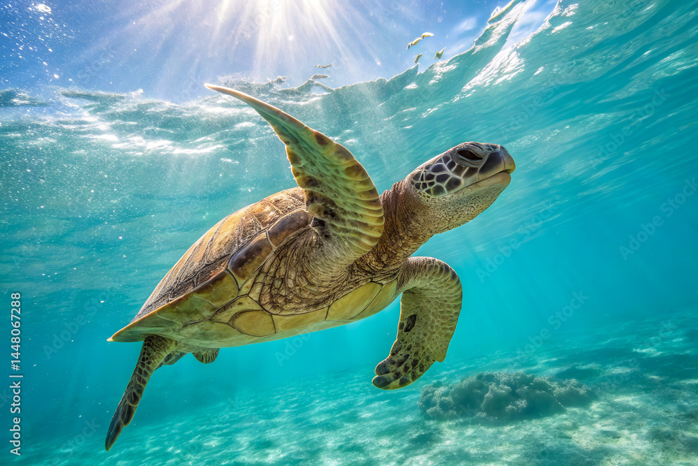 Fototapeta premium Sea turtle swimming underwater in crystal-clear tropical ocean, marine wildlife nature, sunny aquatic scene, peaceful animal motion, underwater adventure, eco tourism, reef environment.