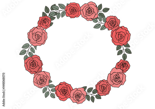 おしゃれな手描きのバラの花のリース　赤い薔薇