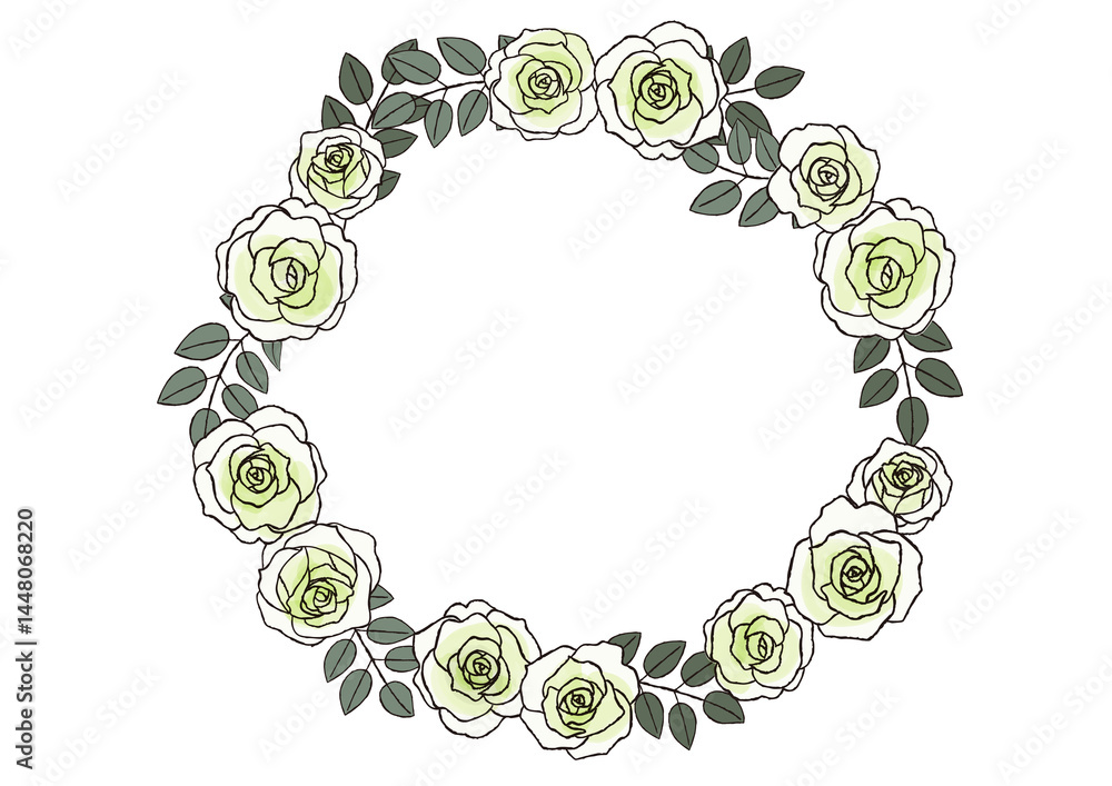 おしゃれな手描きのバラの花のリース きみどり色 おしゃれな手描きのバラの花のリース きみどり色