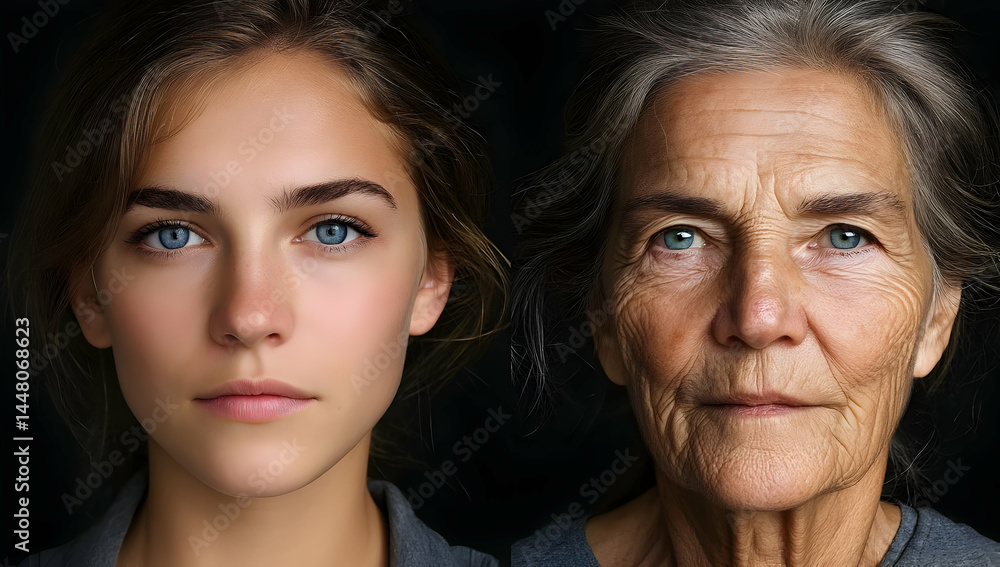 A striking contrast between youth and age is displayed in this portrait, highlighting the beauty and wisdom that comes with time and experience. A striking contrast between youth and age is displayed in this portrait, highlighting the beauty and wisdom that comes with time and experience.