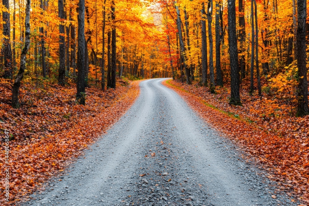 Obraz premium Serene gravel road winding through vibrant autumn forest at golden hour