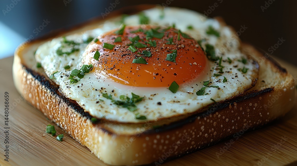 Golden-brown toast topped with a perfectly fried egg, seasoned with pepper and fresh herbs. A simple, satisfying breakfast Golden-brown toast topped with a perfectly fried egg, seasoned with pepper and fresh herbs. A simple, satisfying breakfast