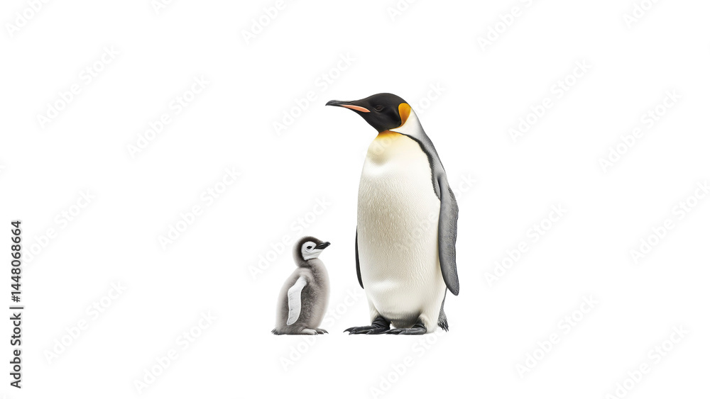 Fototapeta premium King Penguin with Chick - Antarctic Wildlife, Parent and Offspring