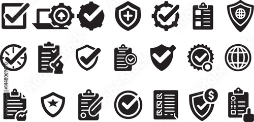 Checkmark, approval icon set. Vector glyph pictograms of validation, certification, confirmation concept, checklists, documents, awards, and security verification black silhouette illustration