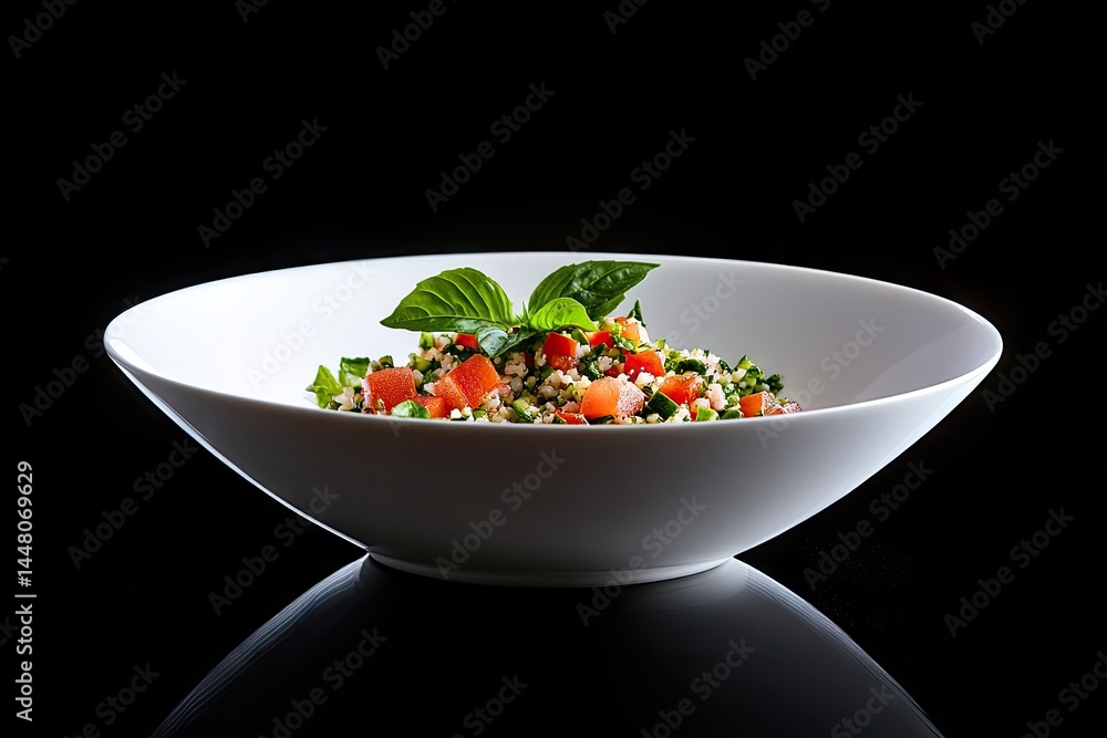 A vibrant tabbouleh salad presentation in a white bowl. A vibrant tabbouleh salad presentation in a white bowl.