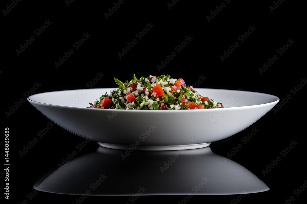 A vibrant tabbouleh salad presentation in a white bowl. A vibrant tabbouleh salad presentation in a white bowl.