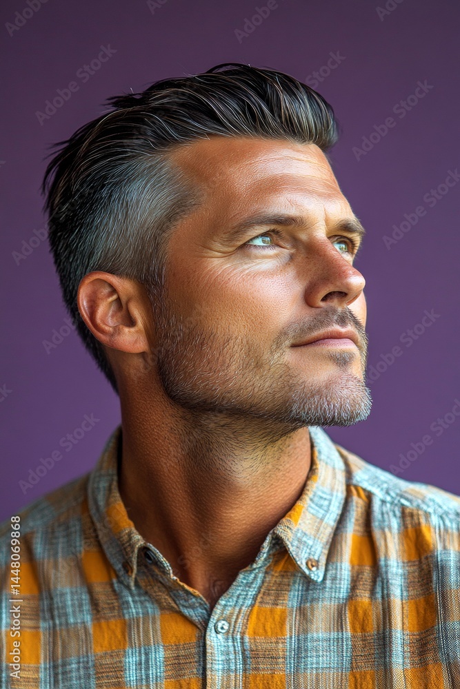 A graceful mature man with a modern hairstyle. Idea of style for aging men. Elegant men's slick back with fade haircut - midlife white man with hair. Purple solid background.