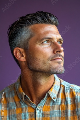 Obraz na płótnie A graceful mature man with a modern hairstyle. Idea of style for aging men. Elegant men's slick back with fade haircut - midlife white man with hair. Purple solid background. w salonie