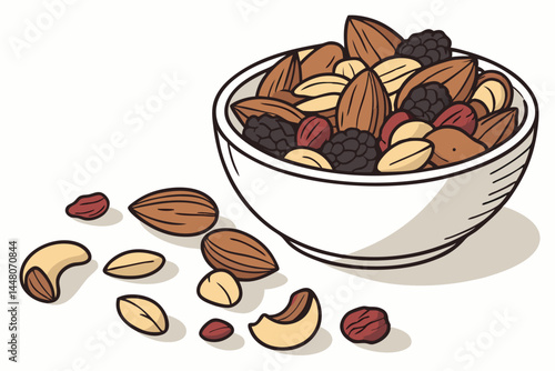 103 Mixed nuts, trail mix, assorted nuts and dried fruits, healthy snack, whole foods, natural ingredients, high-resolution photography, white background, detailed texture, various shapes and colors, 