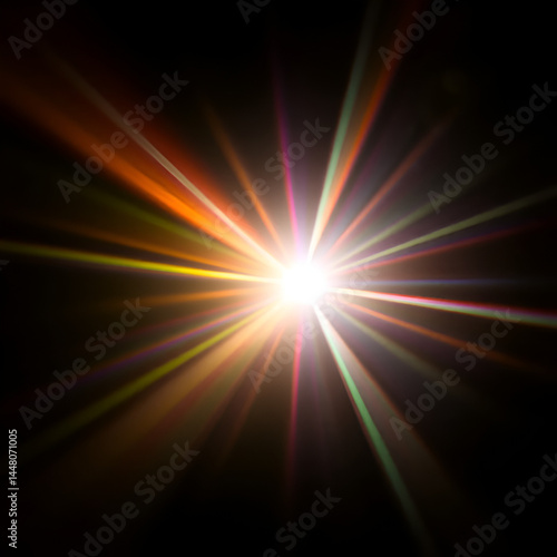 Rainbow light effect from sun flares on black background, colorful glare and shine, light rays on sparkling surface. Rainbow refraction of sunlight. Natural light effects, iridescent colors