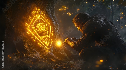 Enigmatic Enchanter's Ritual: An illuminated image of an enchanter focuses on a mystical symbol engraved into a tree with intricate glowing golden light.
