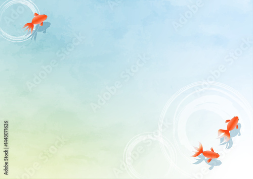 爽やかな水彩の金魚と水面の背景イラスト