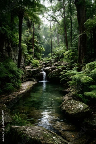 Hidden jungle cascade surrounded by prehistoric ferns