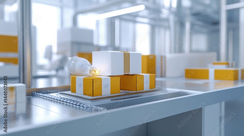 Packages on conveyor belt in a modern factory. Packages on conveyor belt in a modern factory.