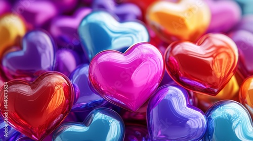  3D heart background featuring a variety of candy-like hearts in bright