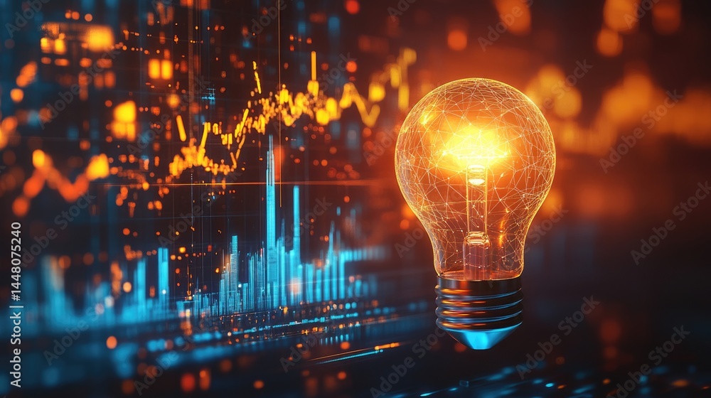 Strategy business planning ideas for investment and business growth. glowing light bulb with futuristic graphic icon.
