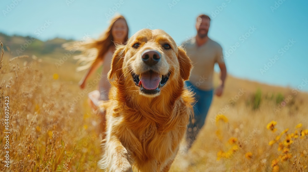 happy family travel on their summer holiday trip together with their cheerful golden retriever dog at beautiful natural area.