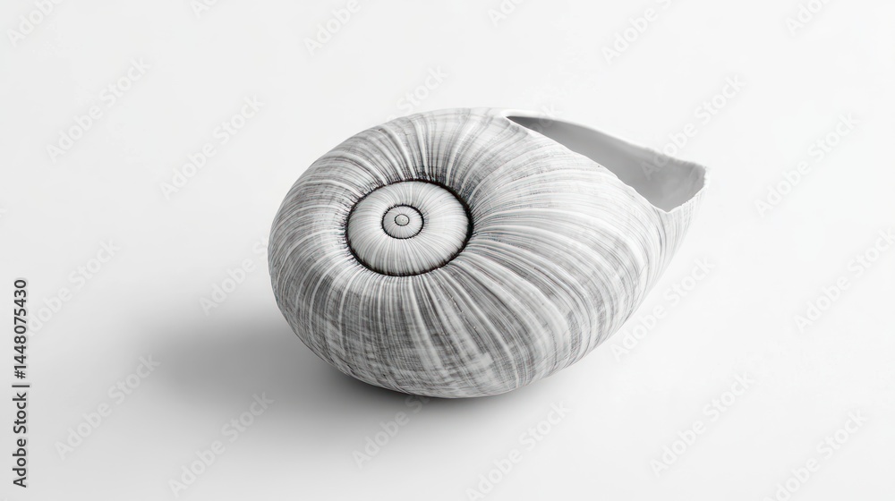 Obraz premium Monochrome close-up of a single spiral seashell on white background.