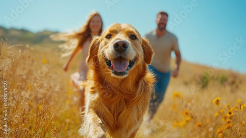 Obraz na płótnie happy family travel on their summer holiday trip together with their cheerful golden retriever dog at beautiful natural area. w salonie