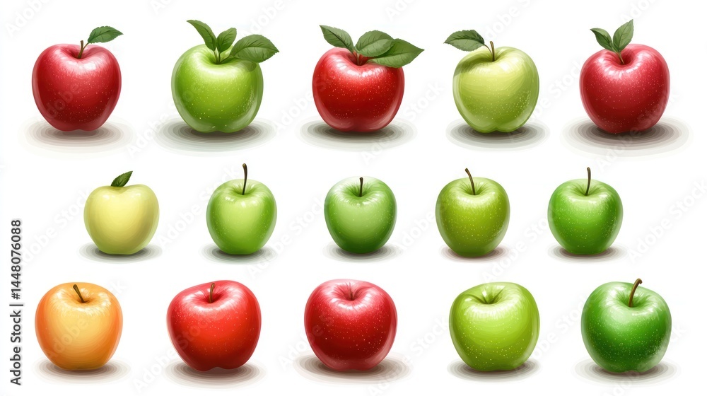 Collection of red, green, and yellow apples with leaves, isolated on white background. Collection of red, green, and yellow apples with leaves, isolated on white background.