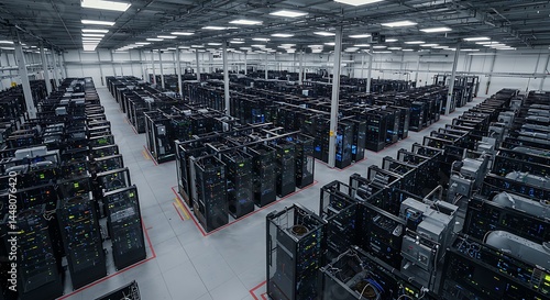 Server Room Interior with Rows of Data Racks for Computing