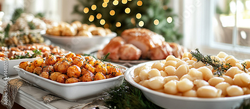 Festive holiday meal with roasted potatoes and gnocchi.