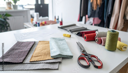 Colorful Fabric Samples and Sewing Tools on a White Table Surface