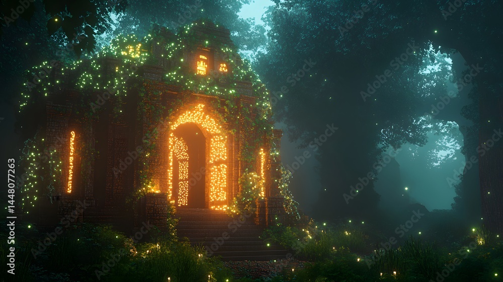 Fototapeta premium Enchanted Forest Chapel: A mystical and ethereal chapel nestled in a deep, verdant forest, illuminated by an enchanting glow emanating from its windows.