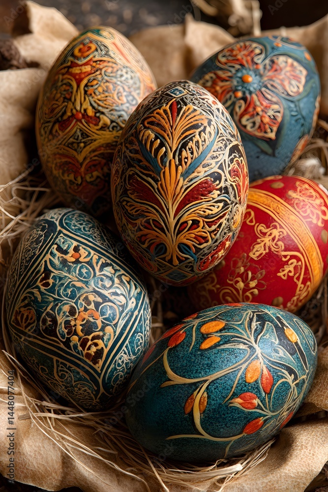 Macro nest of hand-painted pysanky eggs Macro nest of hand-painted pysanky eggs
