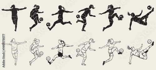 female soccer player silhouettes cutout outlines, female football player vector sets