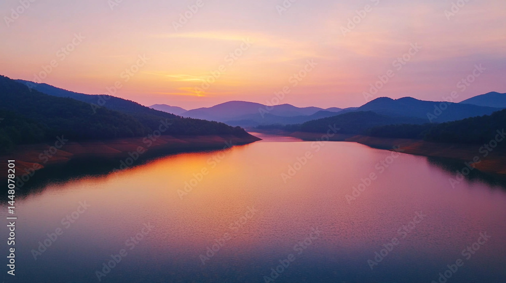 Serene mountain lake dawn view from above, soft pink and orange sky, clear blue water, mountains reflection, high-resolution 8k, sharp focus, natural lighting, National Geographic style