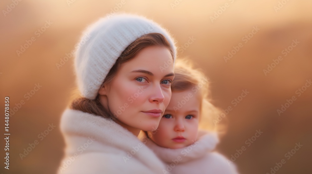 Mother and child embrace in soft light during golden hour in a natural setting.