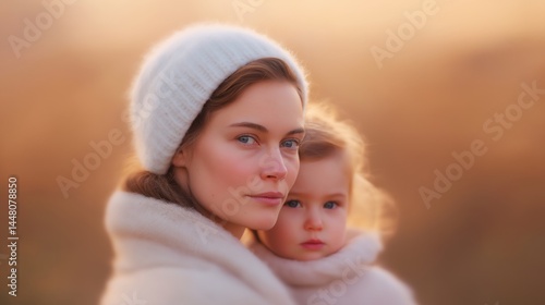 Obraz na płótnie Mother and child embrace in soft light during golden hour in a natural setting. w salonie