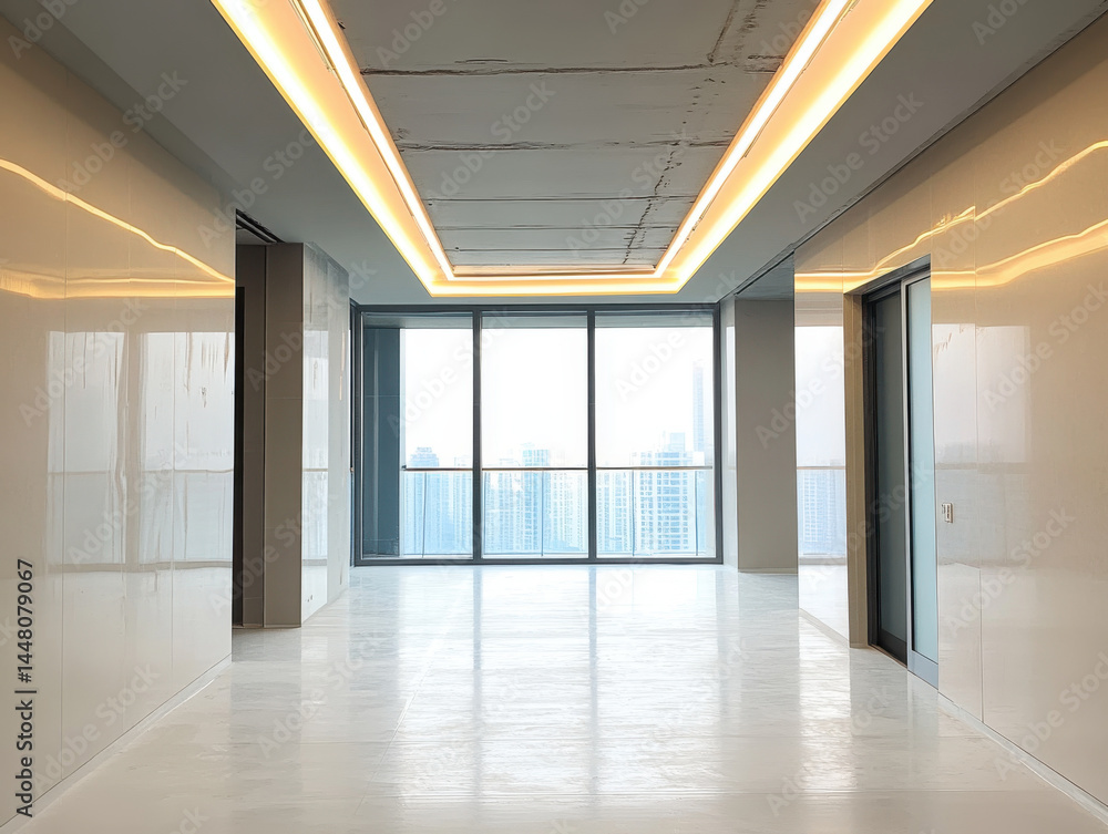 Fototapeta premium Modern, empty hallway with reflective floors and ceiling lights leads to large windows showcasing cityscape view. sleek design and bright lighting create spacious and open atmosphere