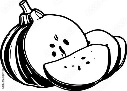 Minimalistic Black And White Winter Squash Still Life With Sliced Pieces Outline