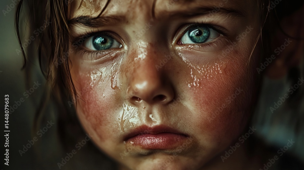 Sad child, closeup portrait, tear-stained face, dark background, emotional impact, for empathy campaigns Sad child, closeup portrait, tear-stained face, dark background, emotional impact, for empathy campaigns