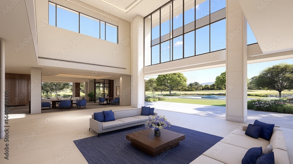 Fototapeta premium Modern Luxury Clubhouse Lounge Interior Design with Outdoor Golf Course View