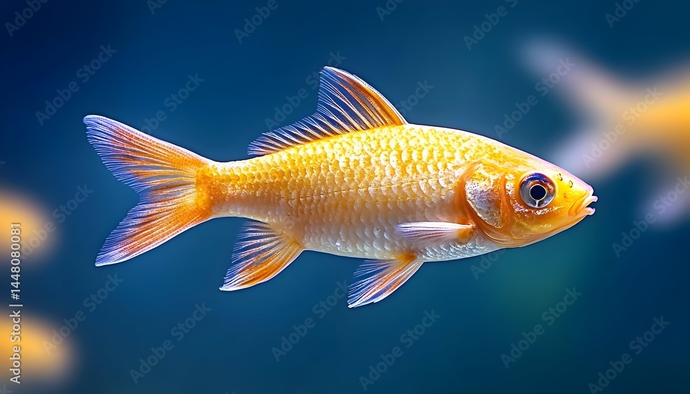 A vibrant, orange fish swims in clear blue water, its fins and tail elegantly extended A vibrant, orange fish swims in clear blue water, its fins and tail elegantly extended