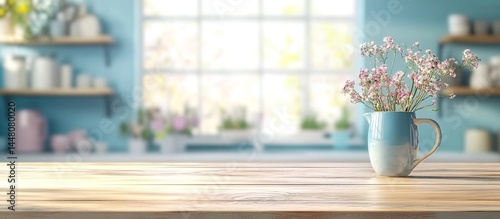 White mug with baby's-breath flowers on wooden table in blue-walled kitchen with shelves and window.