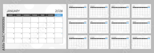 2026 monthly blank blue calendar planner with week starts on monday