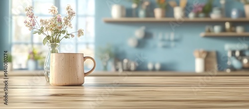 White mug with baby's-breath flowers on wooden table in blue-walled kitchen with shelves and window.
