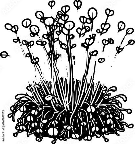 Sketchy Depiction Of Fresh Sprouts Germinating In Dark Soil On Clean White Background Space