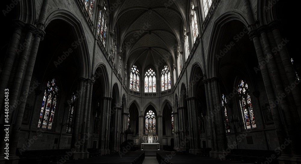 Fototapeta premium Exploring Grand Architecture Inside a Cathedral with Stained Glass