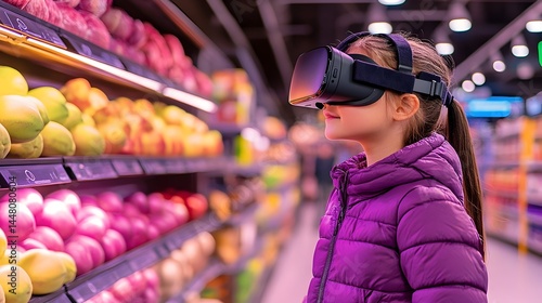 A young girl wearing a VR headset explores a virtual grocery store aisle filled with vibrant fruits and vegetables