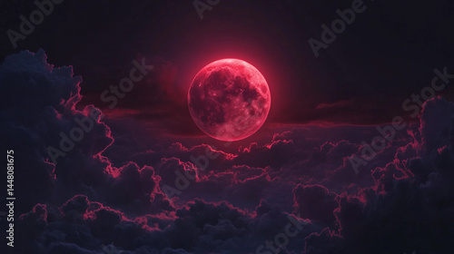Bright red moon glowing in the night sky surrounded by dark clouds