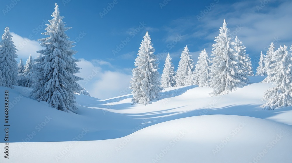 Snow-covered landscape with frosted trees under clear blue sky Snow-covered landscape with frosted trees under clear blue sky