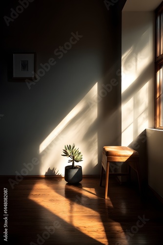 Minimalist interior with sunbeam spotlighting a solitary succulent