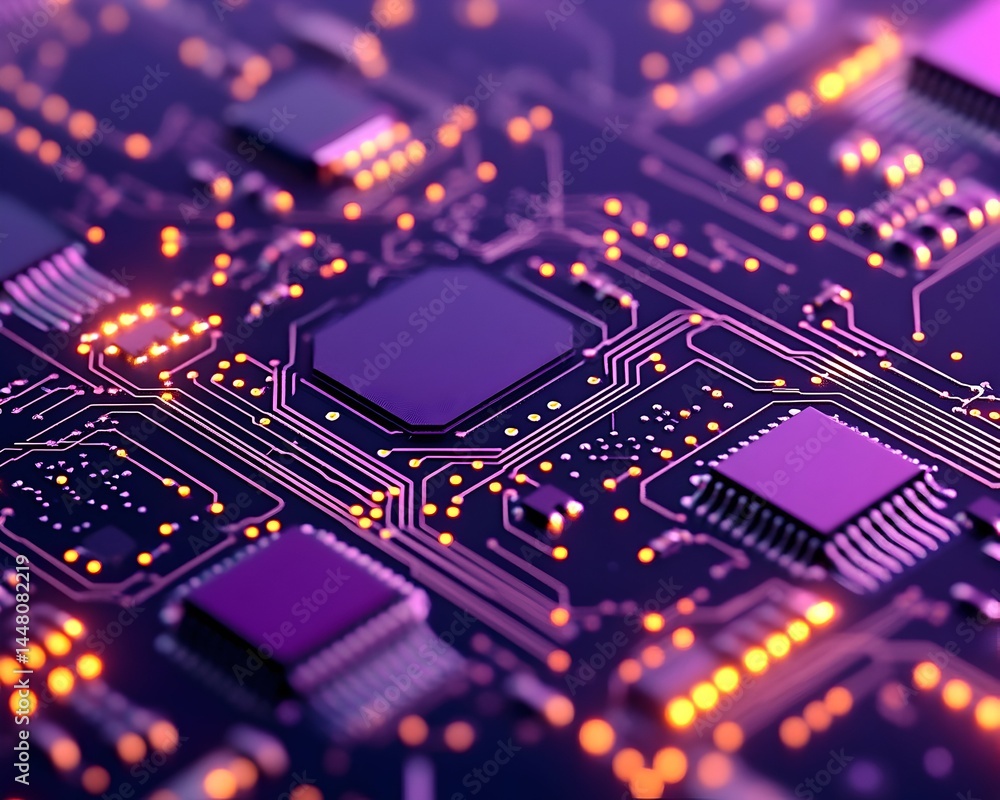 Obraz premium Close-up of a circuit board with glowing components, intricate pathways, and a central processor