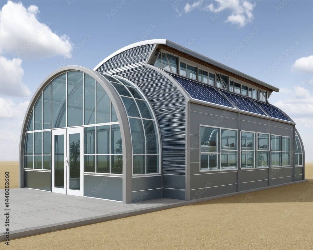 Obraz premium Modern desert greenhouse, solar panels, efficient irrigation system - pattern background abstract